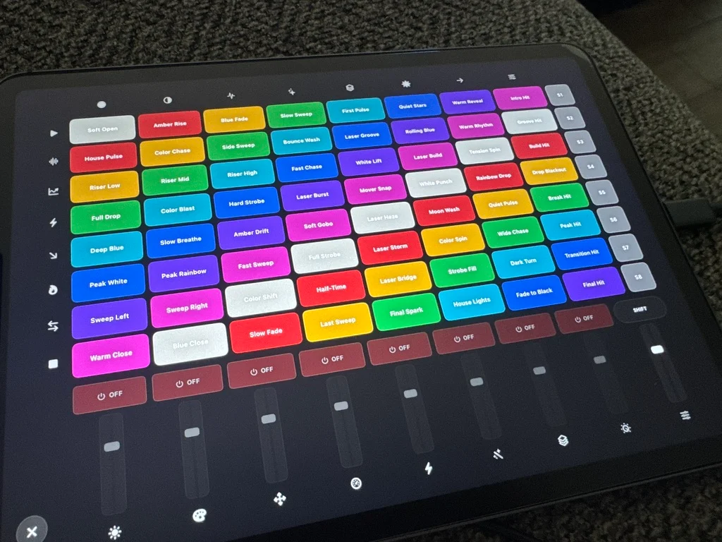 Signal's colorful clip grid and live faders on an iPad